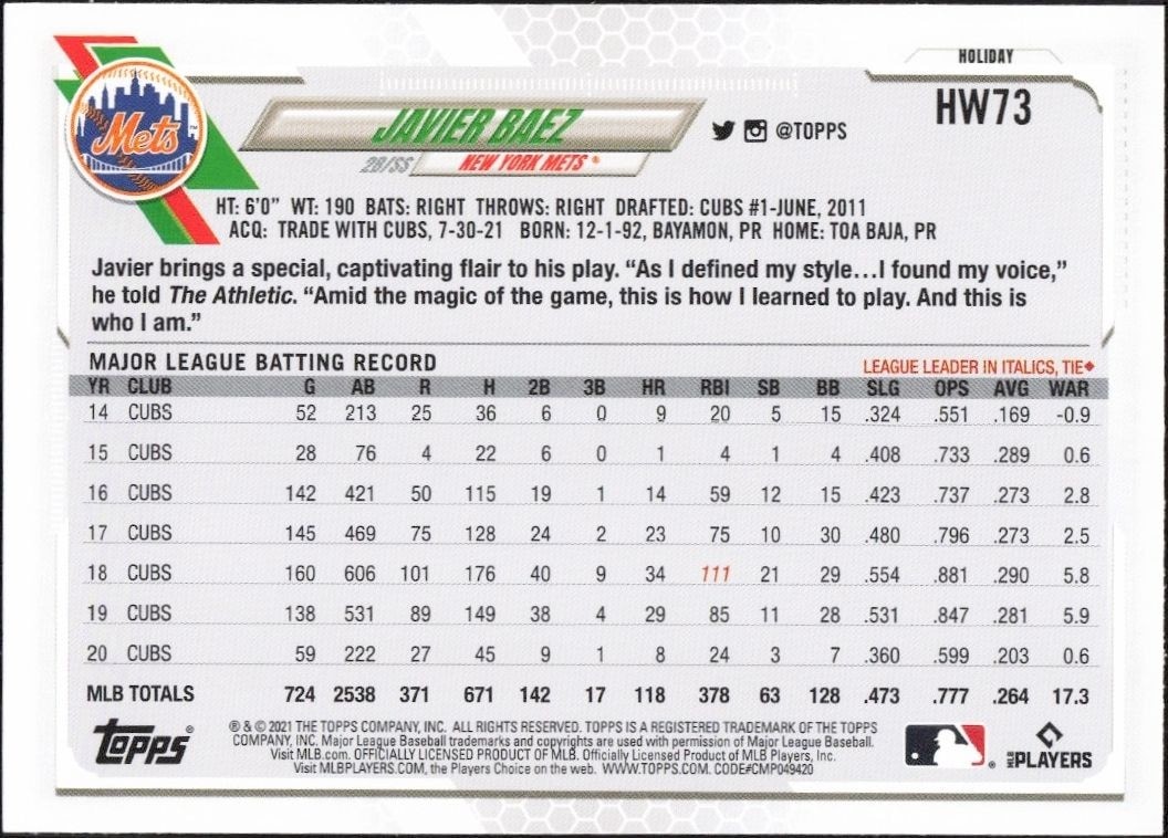 2021 Topps Holiday Javier Baez #HW73 baseball trading card back
