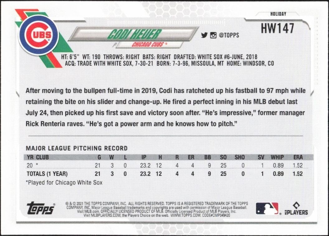 2021 Topps Holiday Codi Heuer #HW147 baseball trading card back