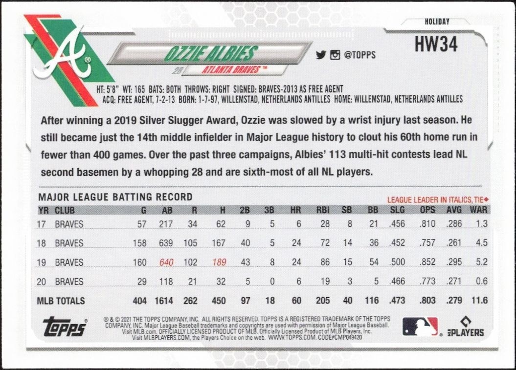 2021 Topps Holiday Ozzie Albies #HW34 baseball trading card back