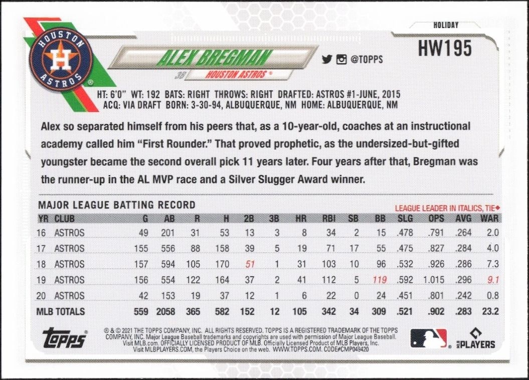 2021 Topps Holiday Alex Bregman #HW195 baseball trading card back