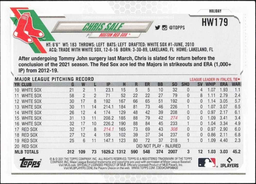 2021 Topps Holiday Chris Sale #HW179 baseball trading card back