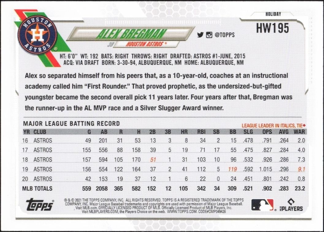 2021 Topps Alex Bregman #HW195 baseball trading card back