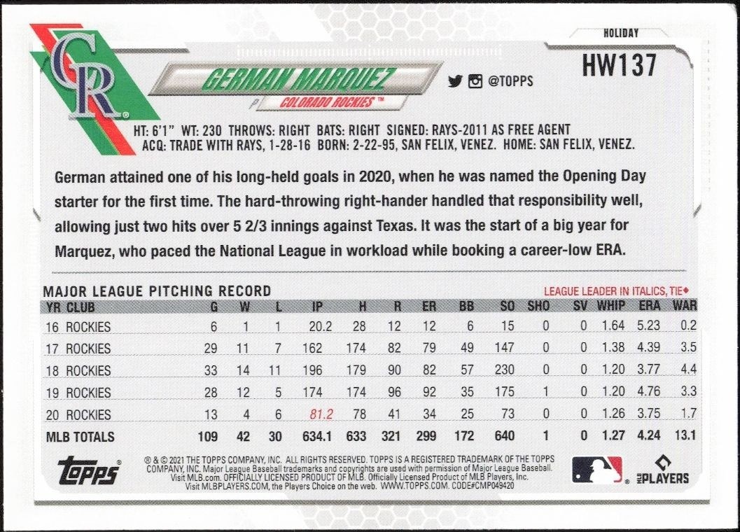 2021 Topps Holiday German Marquez #HW137 baseball trading card back