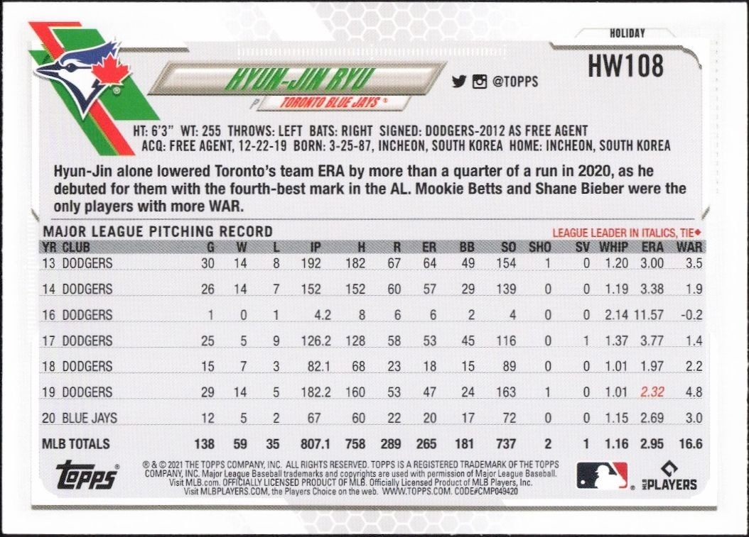 2021 Topps Holiday Hyun-Jin Ryu #HW108 baseball trading card back