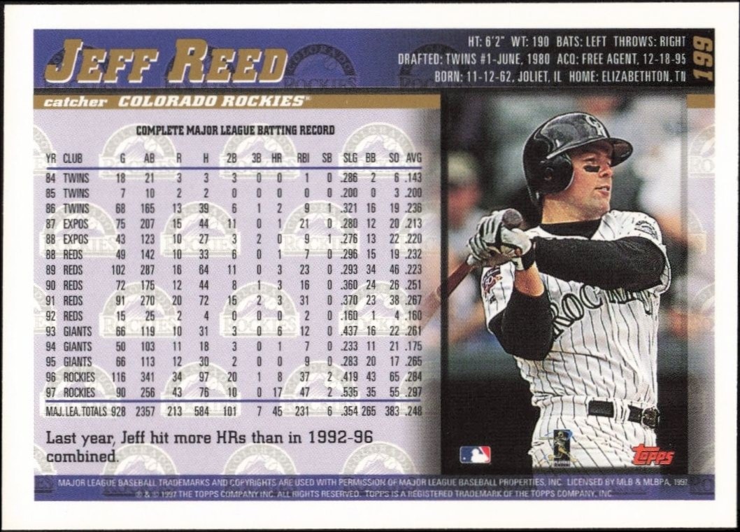 1998 Topps Jeff Reed #199 baseball trading card back