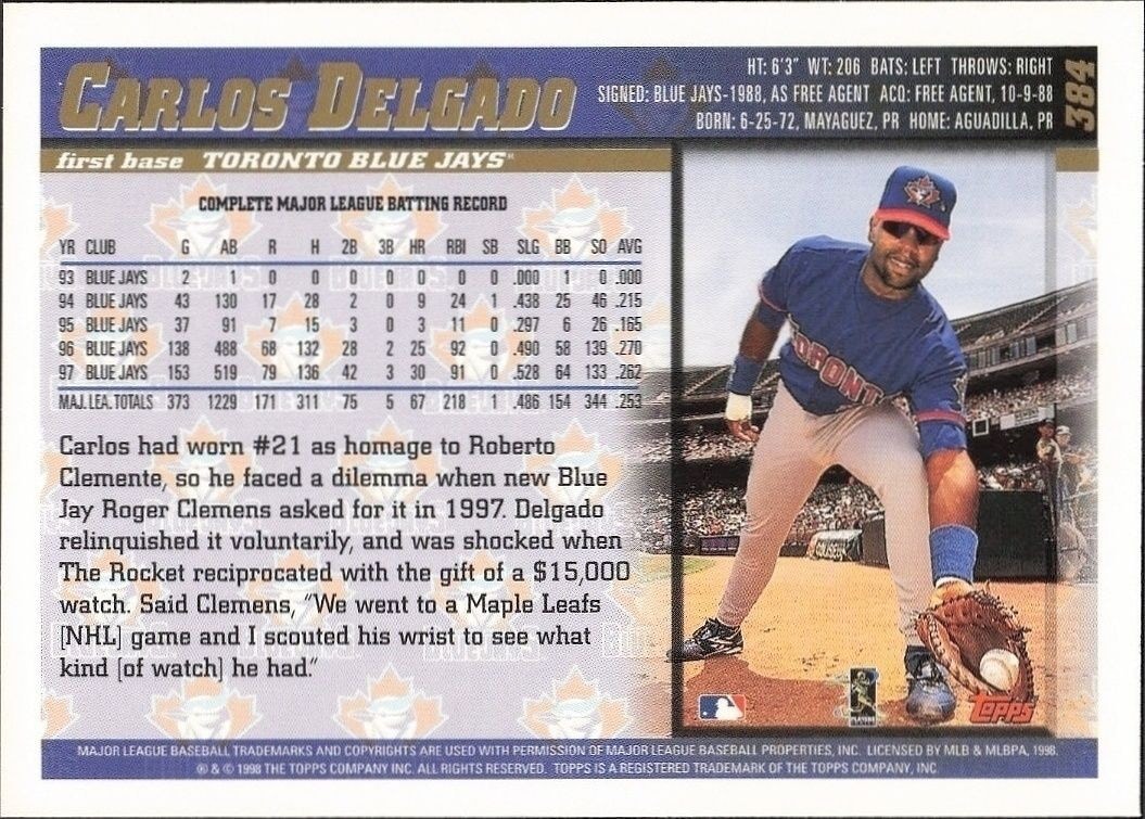 1998 Topps Carlos Delgado #384 baseball trading card back