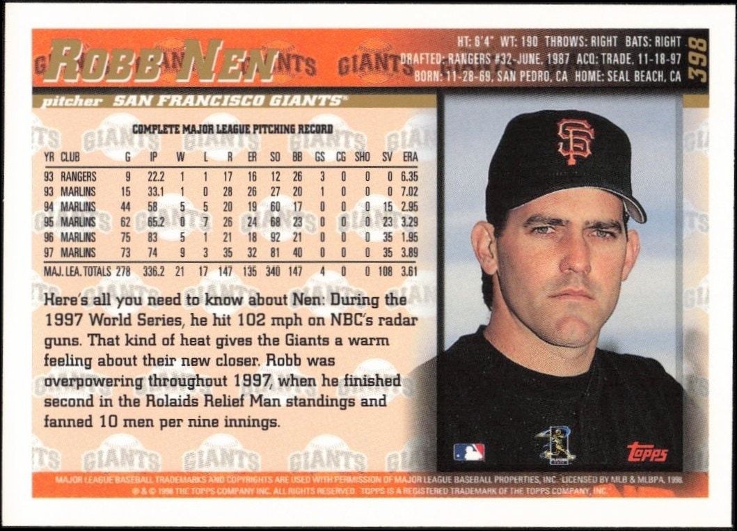 1998 Topps Robb Nen #398 baseball trading card back