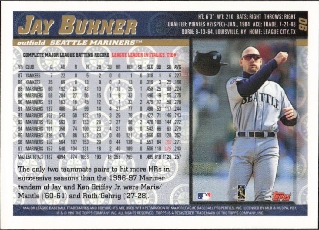 1998 Topps Jay Buhner #90 baseball trading card back