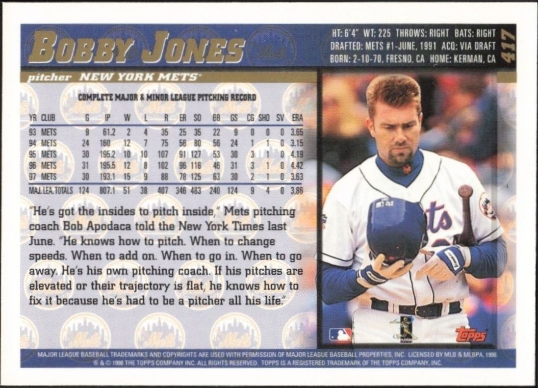 1998 Topps Bobby Jones #417 baseball trading card back