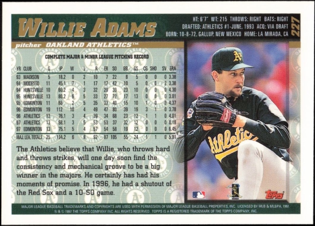 1998 Topps Willie Adams #227 baseball trading card back