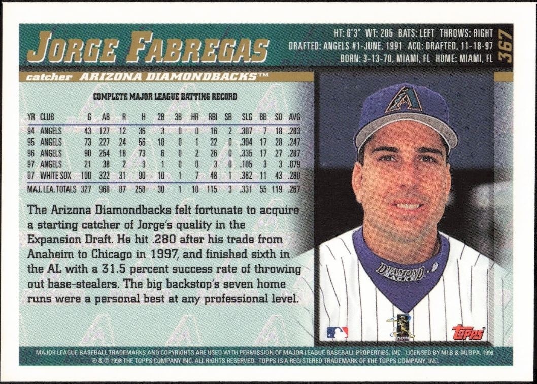 1998 Topps Jorge Fabregas #367 baseball trading card back