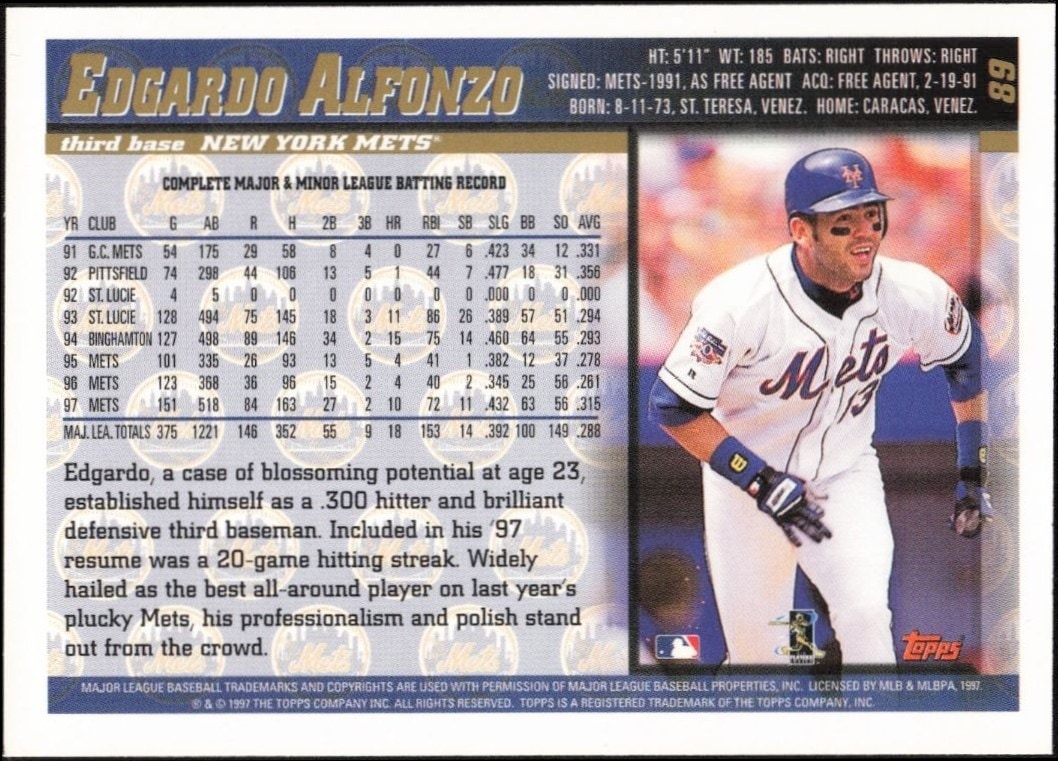 1998 Topps Edgardo Alfonzo #89 baseball trading card back