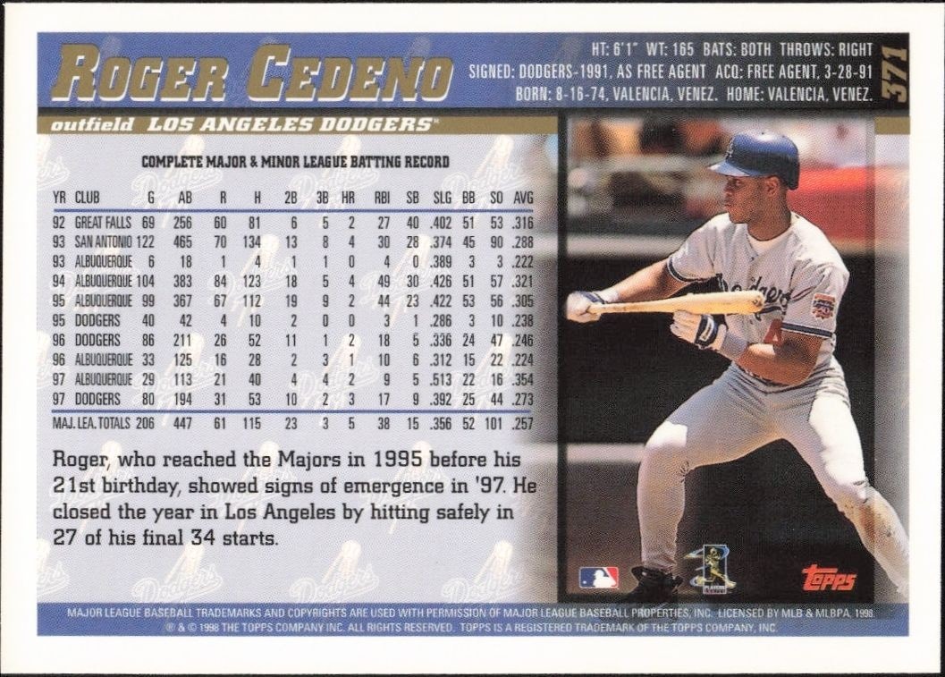 1998 Topps Roger Cedeno #371 baseball trading card back
