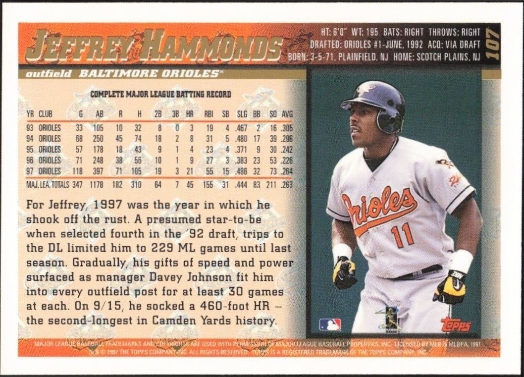 1998 Topps Jeffrey Hammonds #107 baseball trading card back