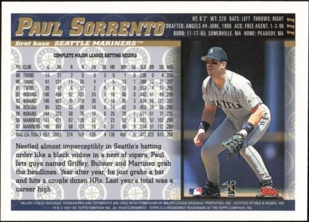 1998 Topps Paul Sorrento #111 baseball trading card back