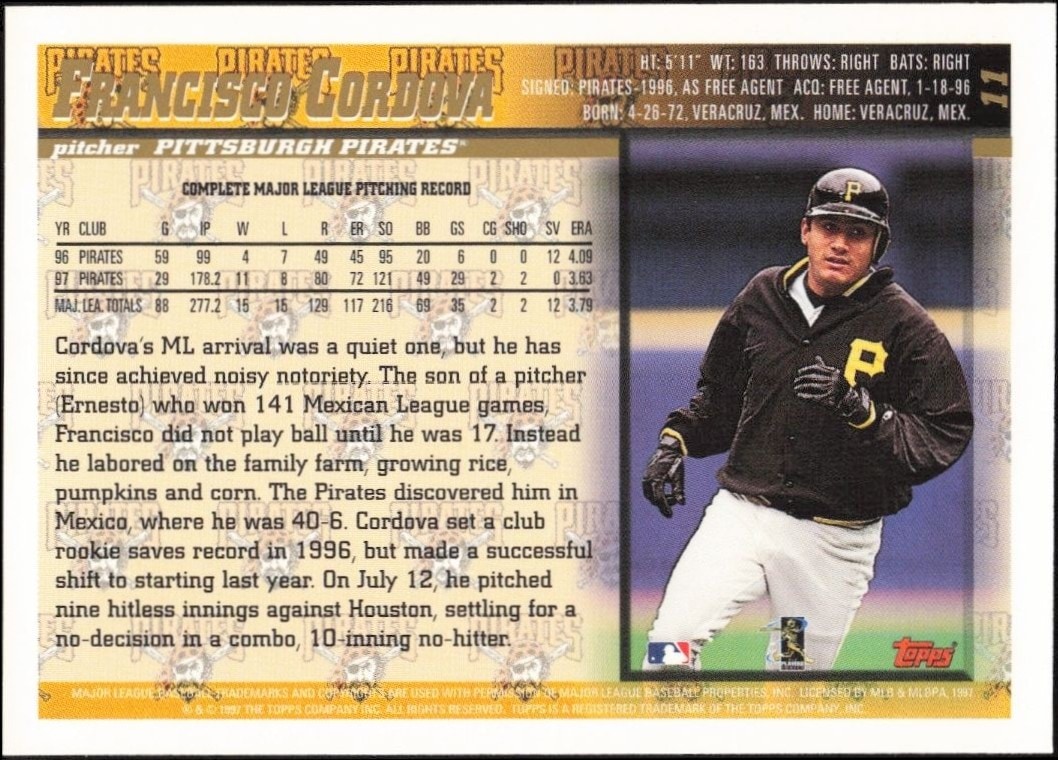 1998 Topps Francisco Cordova #11 baseball trading card back