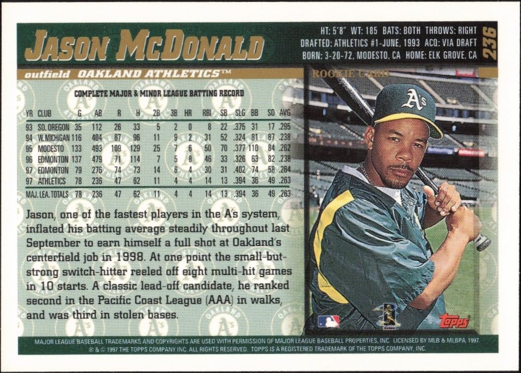 1998 Topps Jason McDonald #236 baseball trading card back