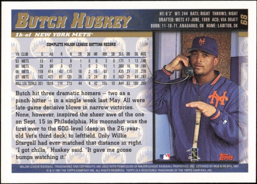 1998 Topps Butch Huskey #68 baseball trading card back