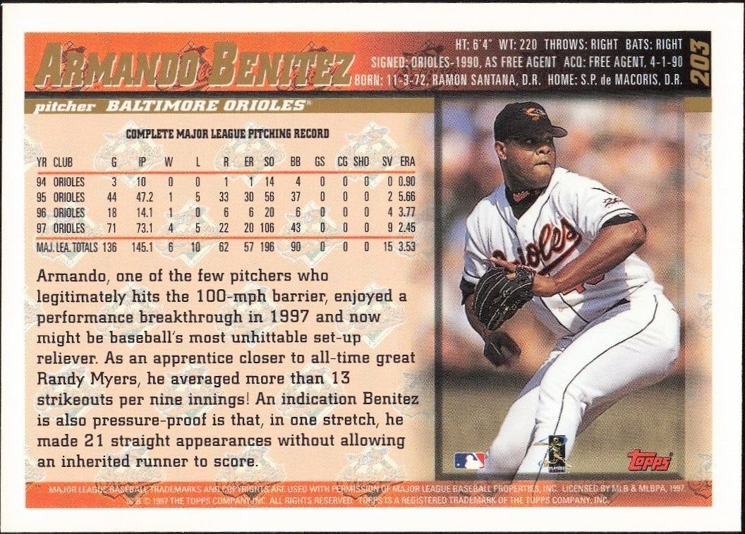 1998 Topps Armando Benitez #203 baseball trading card back