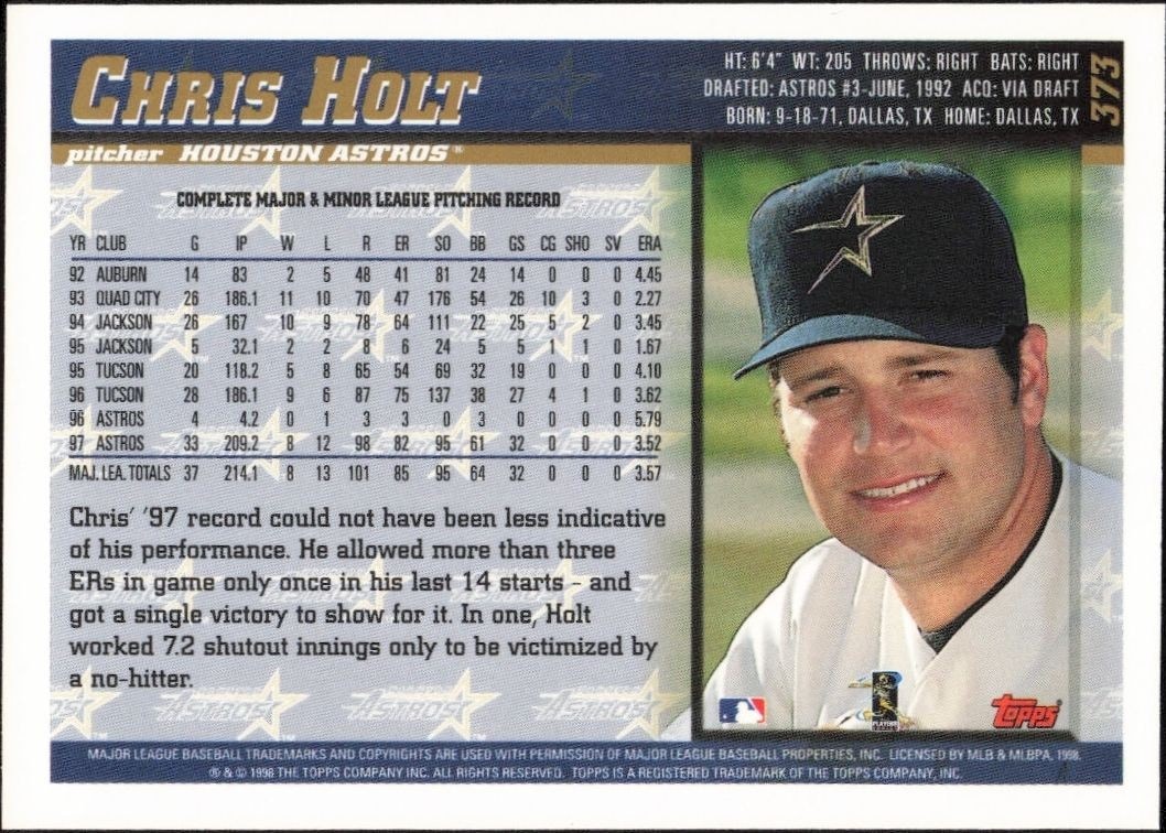 1998 Topps Chris Holt #373 baseball trading card back