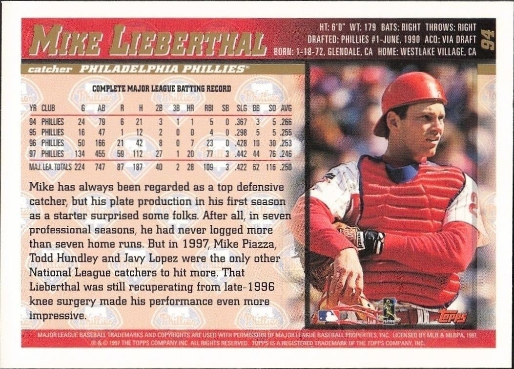 1998 Topps Mike Lieberthal #94 baseball trading card back