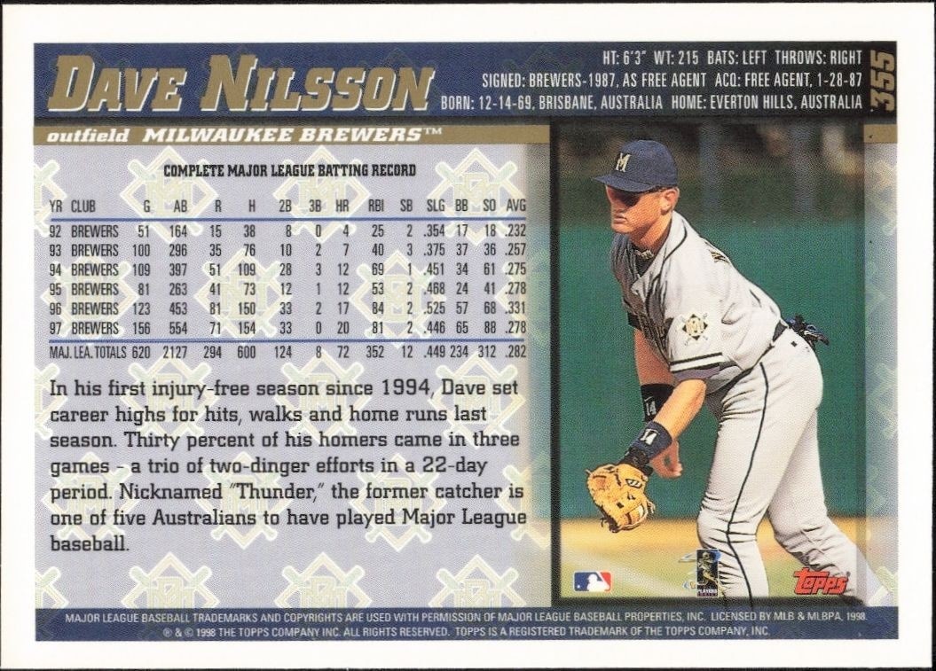 1998 Topps Dave Nilsson #355 baseball trading card back
