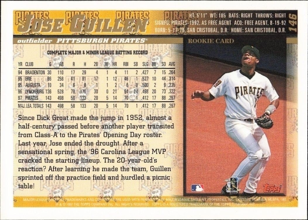 1998 Topps Jose Guillen #146 baseball trading card back