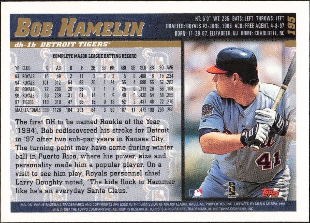 1998 Topps Bob Hamelin #195 baseball trading card back