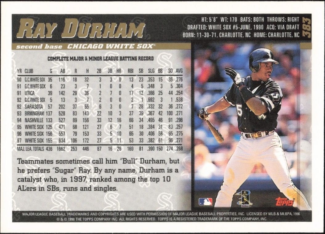 1998 Topps Ray Durham #383 baseball trading card back