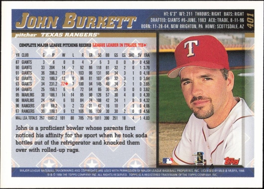 1998 Topps John Burkett #401 baseball trading card back