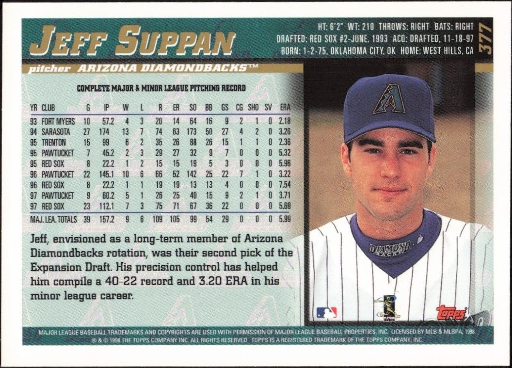 1998 Topps Jeff Suppan #377 baseball trading card back