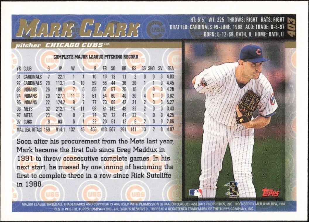 1998 Topps Mark Clark #403 baseball trading card back