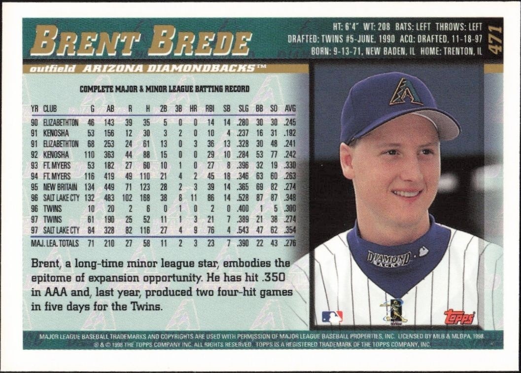 1998 Topps Brent Brede #471 baseball trading card back