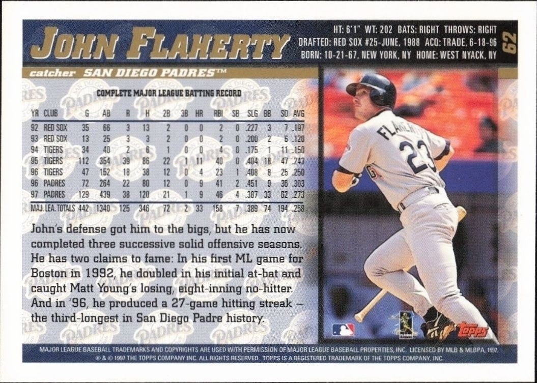 1998 Topps John Flaherty #62 baseball trading card back