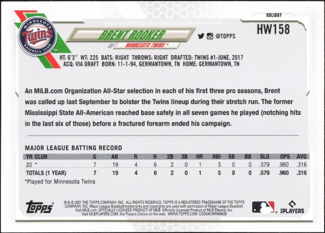 2021 Topps Holiday Brent Rooker #HW158 baseball trading card back