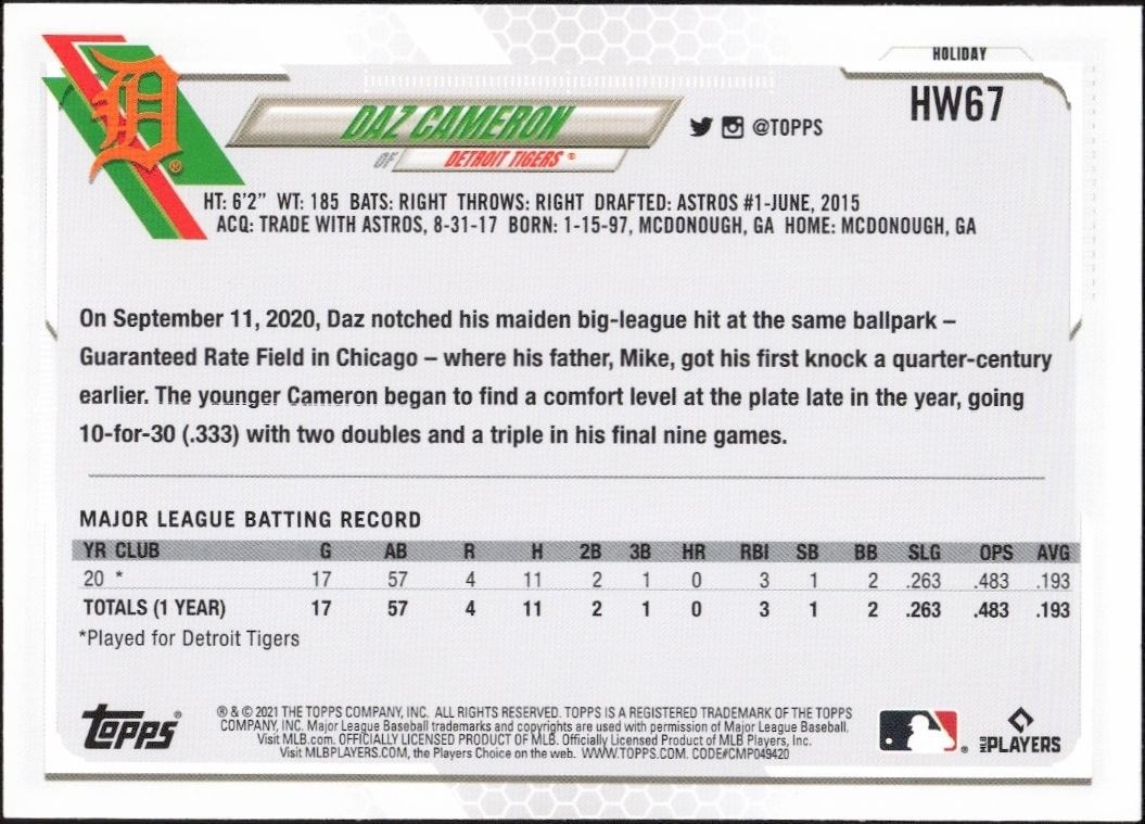2021 Topps Holiday Daz Cameron #HW67 baseball trading card back