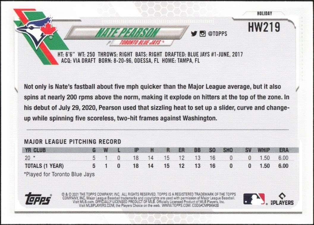 2021 Topps Holiday Nate Pearson #HW219 baseball trading card back