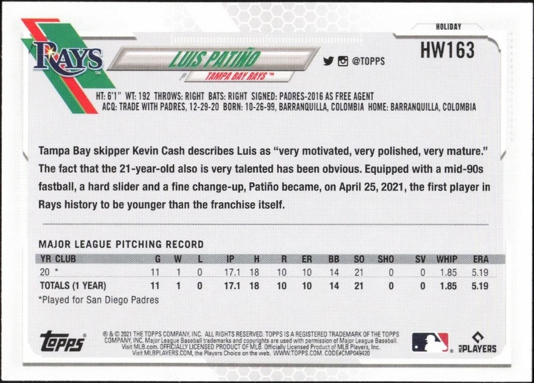 2021 Topps Holiday Luis Patiño #HW163 baseball trading card back