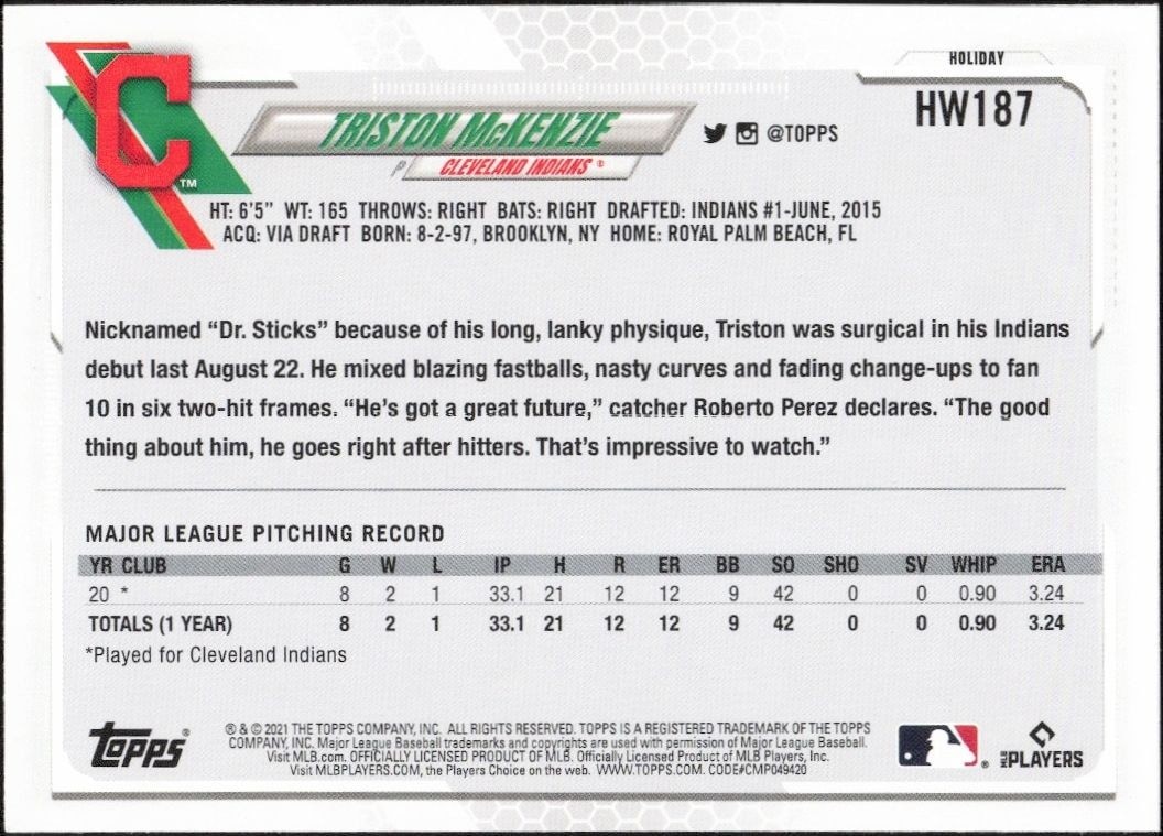 2021 Topps Holiday Triston McKenzie #HW187 baseball trading card back
