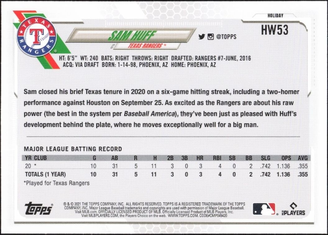 2021 Topps Holiday Sam Huff #HW53 baseball trading card back