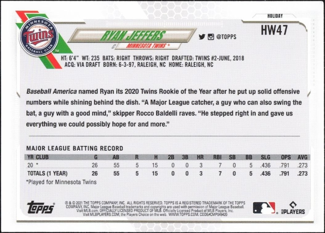 2021 Topps Holiday Ryan Jeffers #HW47 baseball trading card back