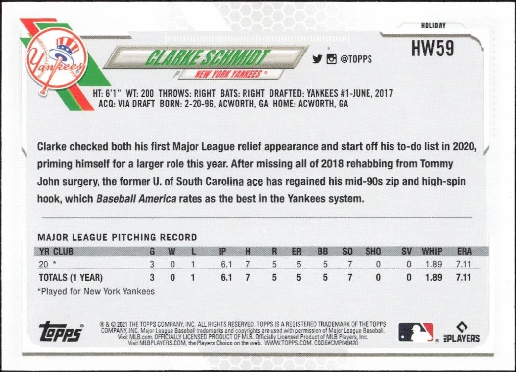 2021 Topps Holiday Clarke Schmidt #HW59 baseball trading card back