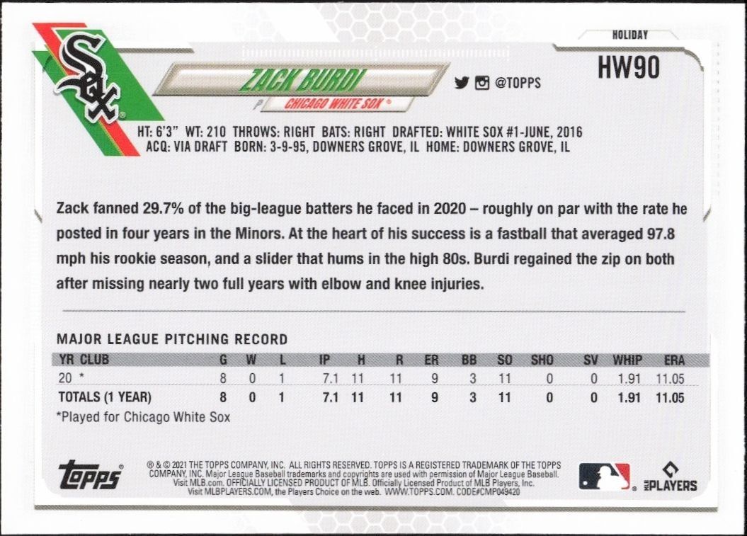 2021 Topps Holiday Zack Burdi #HW90 baseball trading card back