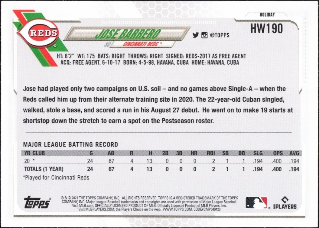 2021 Topps Holiday Jose Barrero #HW190 baseball trading card back