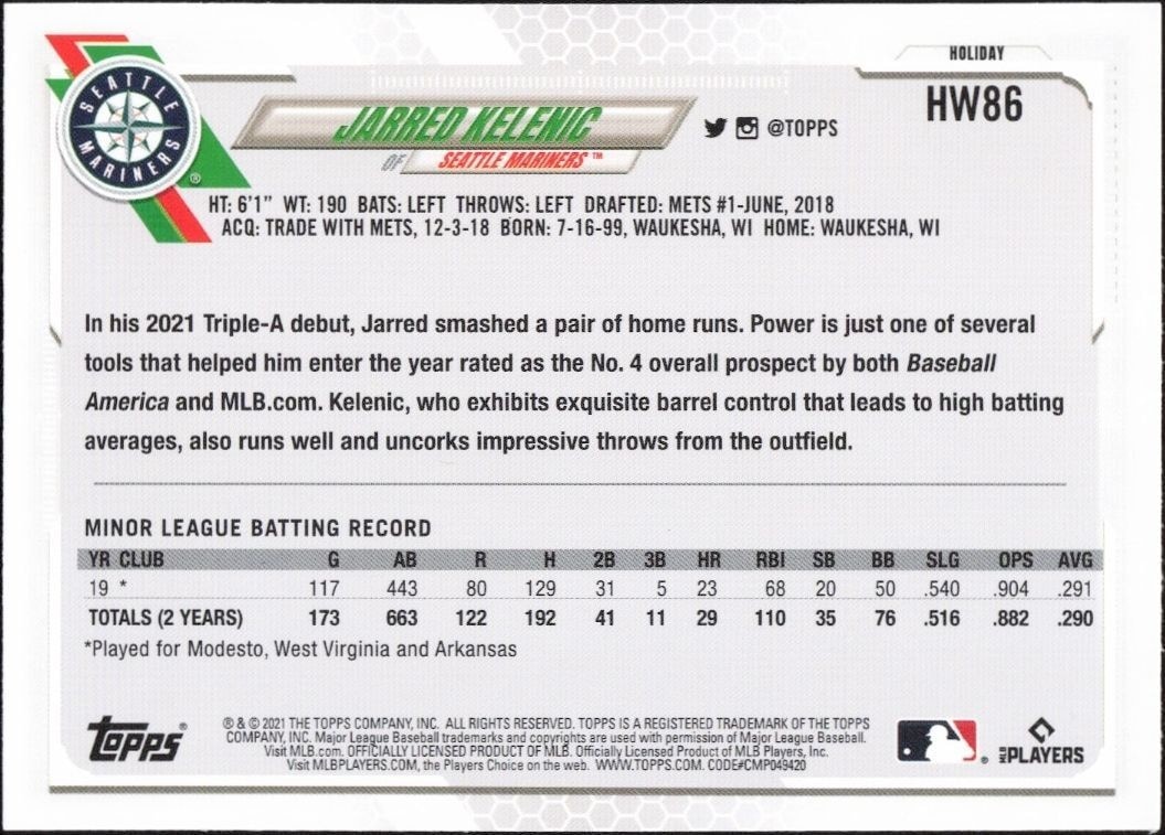 2021 Topps Holiday Jarred Kelenic #HW86 baseball trading card back