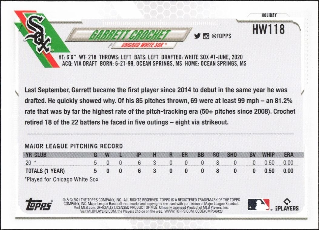 2021 Topps Holiday Garrett Crochet #HW118 baseball trading card back