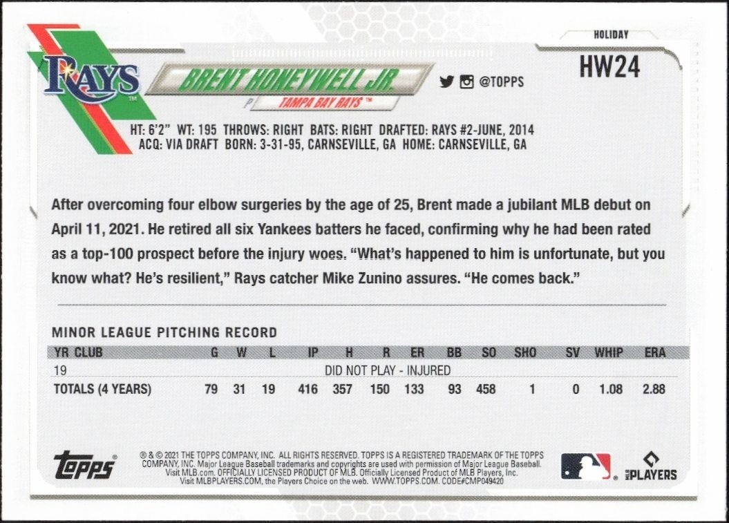 2021 Topps Holiday Brent Honeywell Jr. #HW24 baseball trading card back