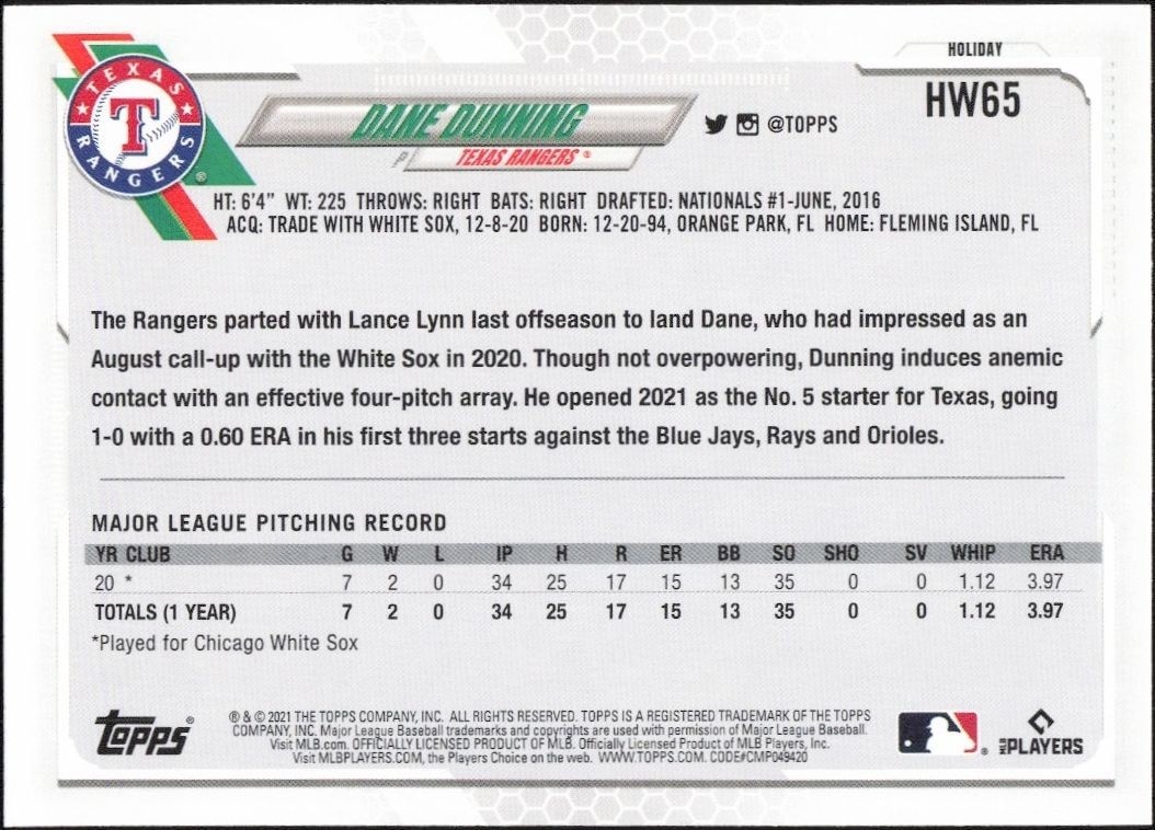 2021 Topps Holiday Dane Dunning #HW65 baseball trading card back