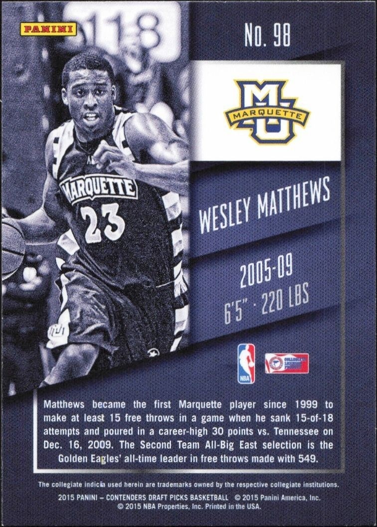 2015-16 Panini Contenders Draft Picks Wesley Matthews #98 basketball trading card back