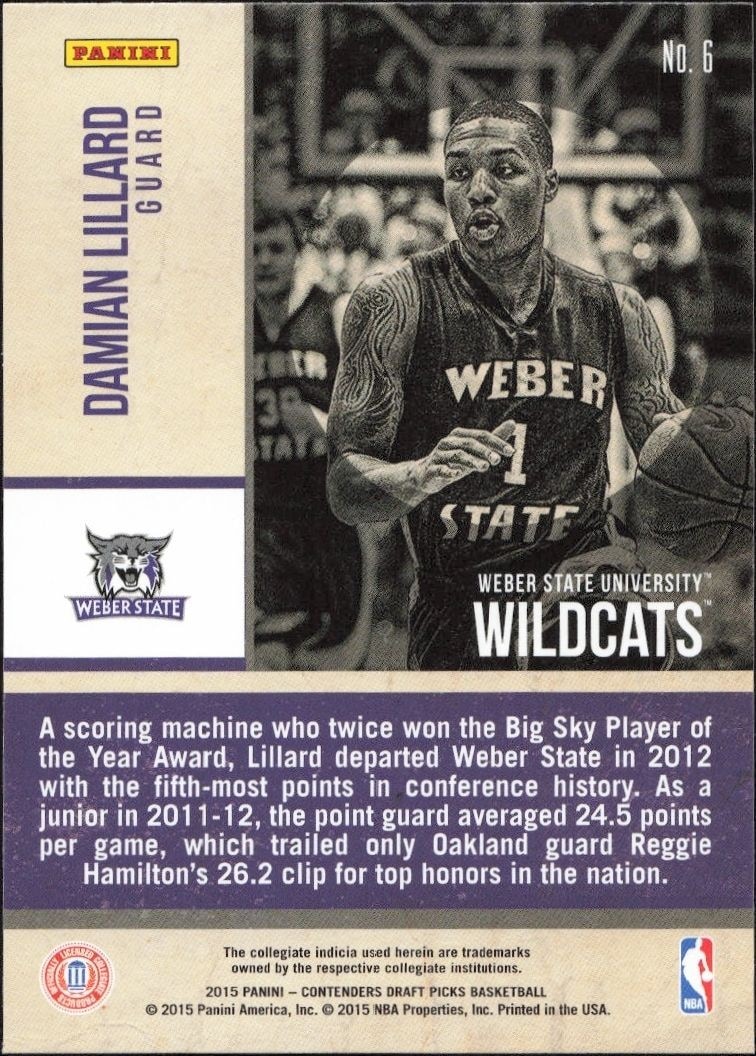 2015-16 Panini Contenders Draft Picks Damian Lillard #6 basketball trading card back